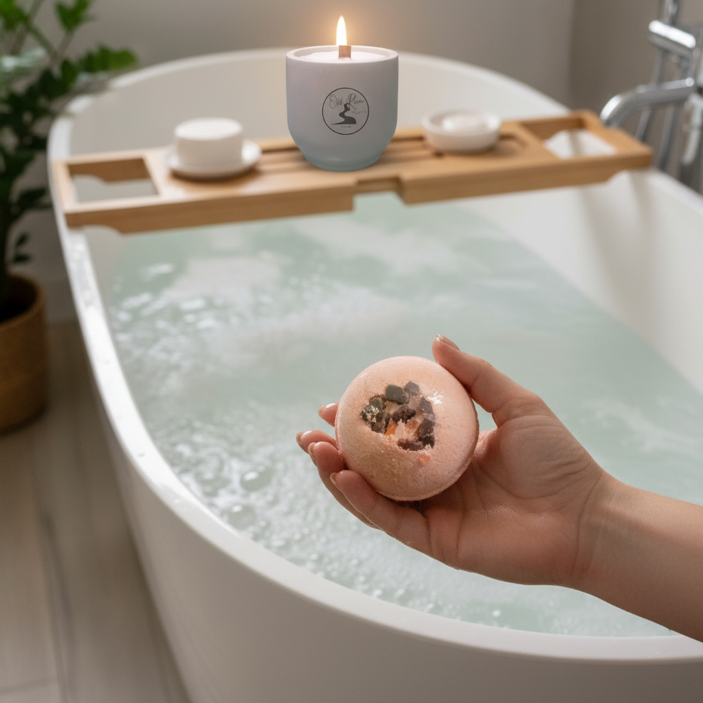 Square luxury bath scene with bath bomb and candle